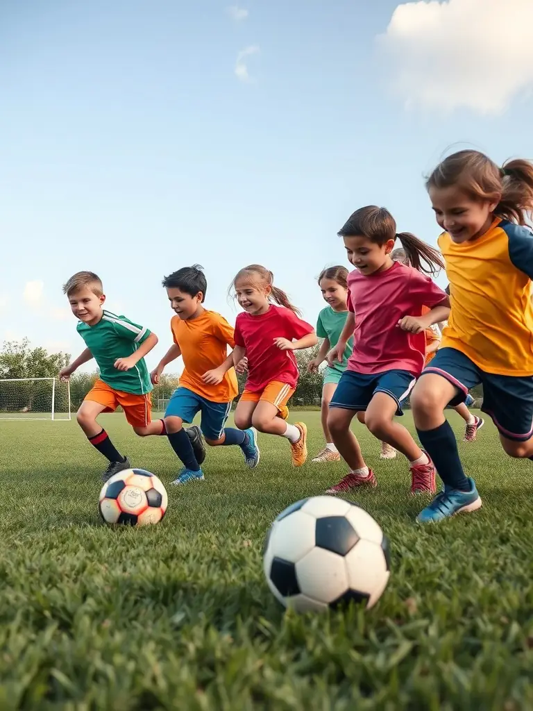 A dynamic image of children playing soccer, showcasing teamwork and youthful energy in the COA CLUB OMNISPORT ARPAJONNAIS recreational program.