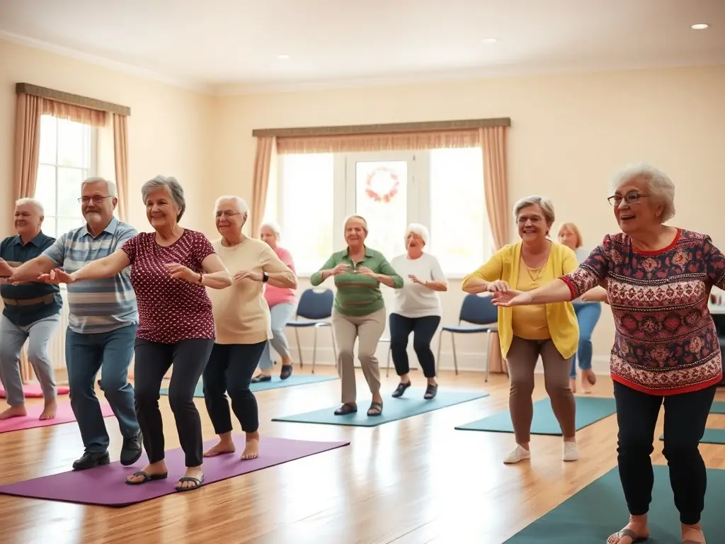 A serene image of seniors participating in a gentle fitness class, emphasizing health and well-being.