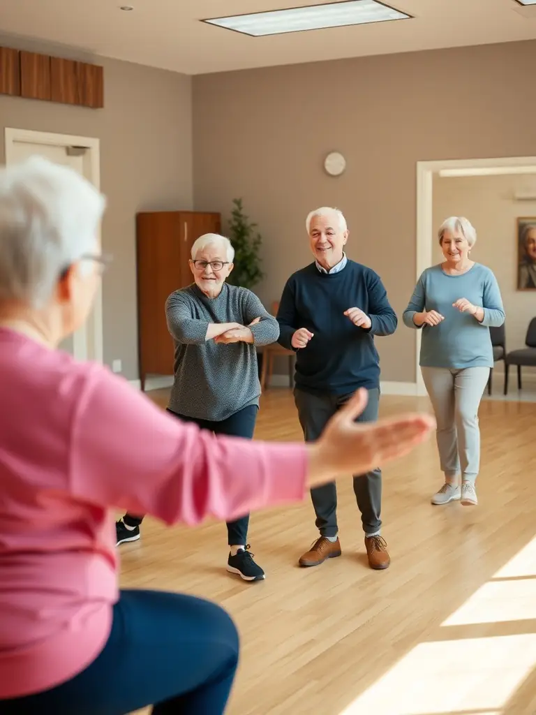 A photo of seniors engaged in a gentle fitness class, highlighting the importance of senior health and wellness at COA CLUB OMNISPORT ARPAJONNAIS.