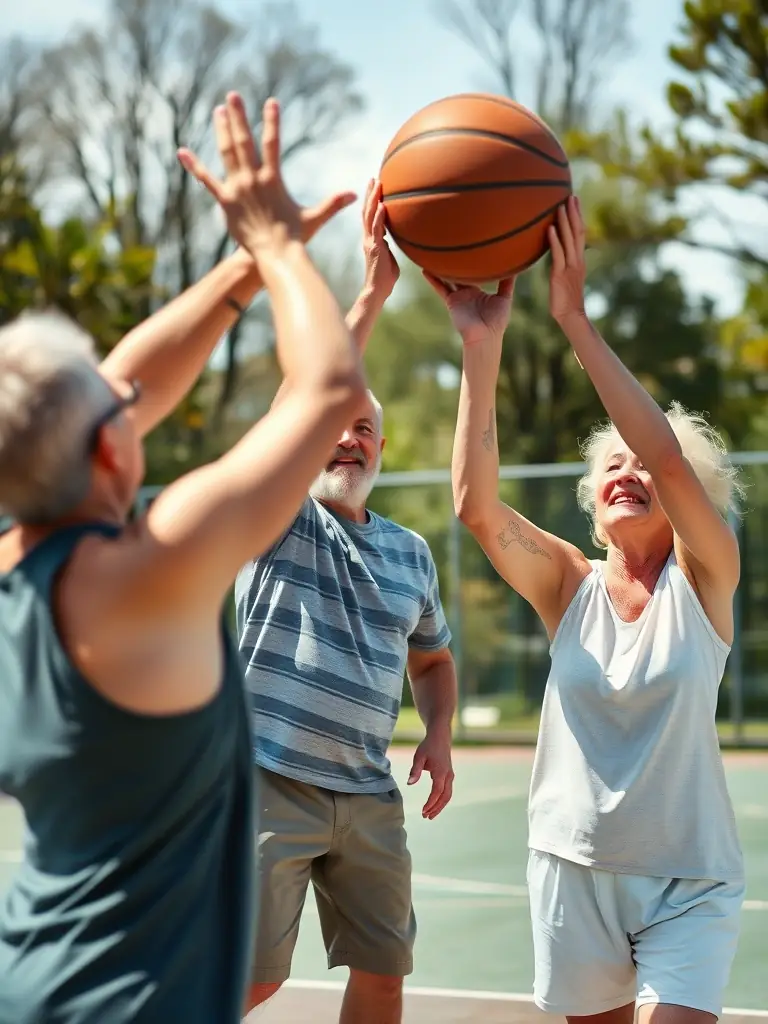 An image of adults participating in a basketball game, emphasizing fitness and camaraderie within the COA CLUB OMNISPORT ARPAJONNAIS community.